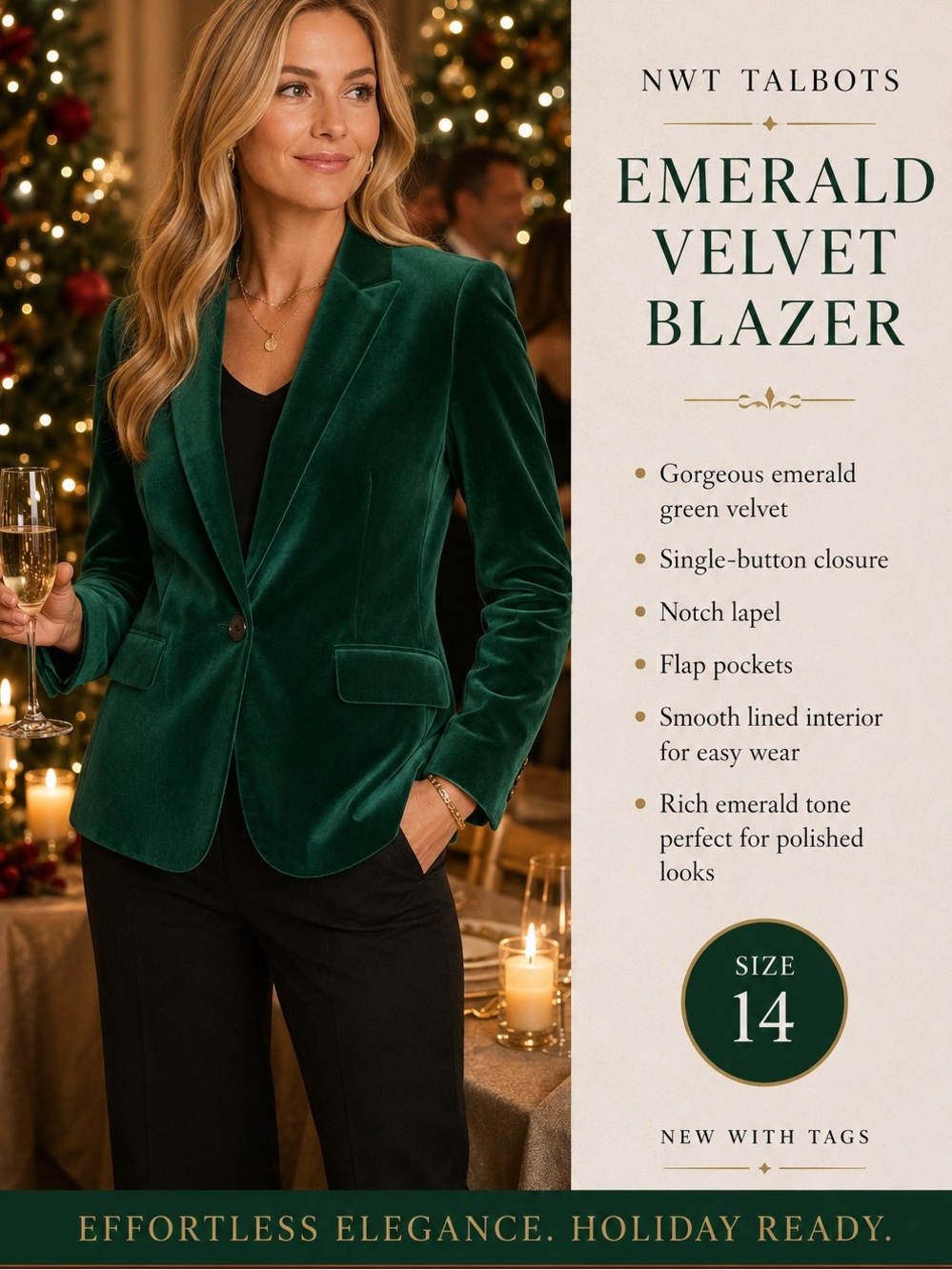 NWT Talbots Emerald Green Velvet Blazer Jacket Size 14
